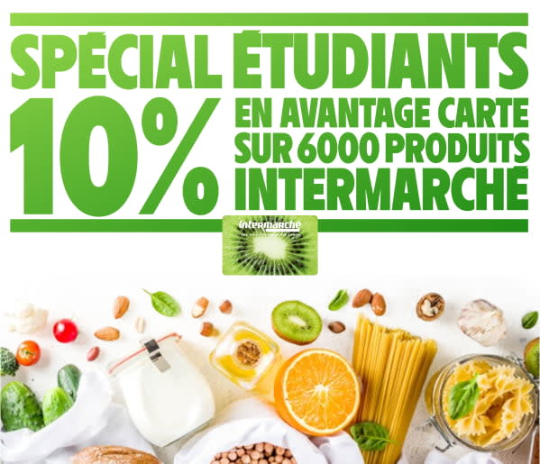 Image annonçant l'avantage spécial étudaints qui offre 10% en avantage carte sur 6 000 produits INtermarché